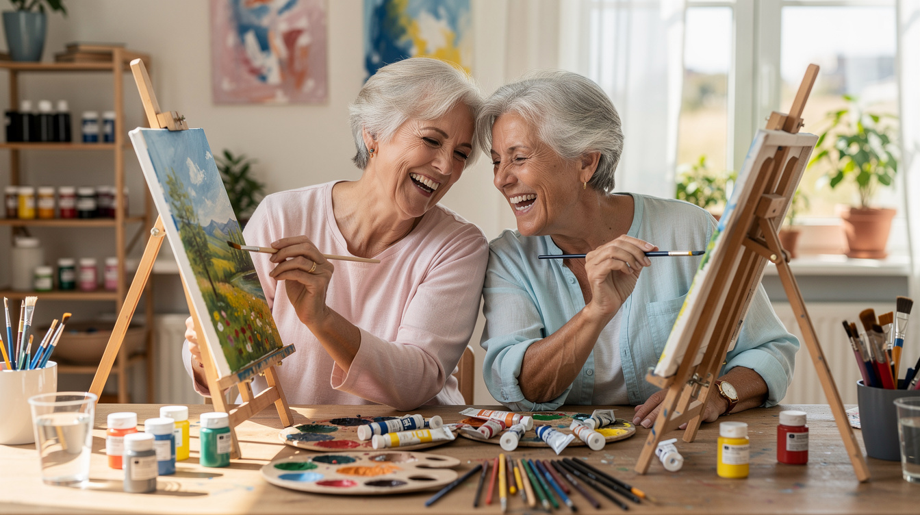 Seniors laughing together while painting at a creative art workshop