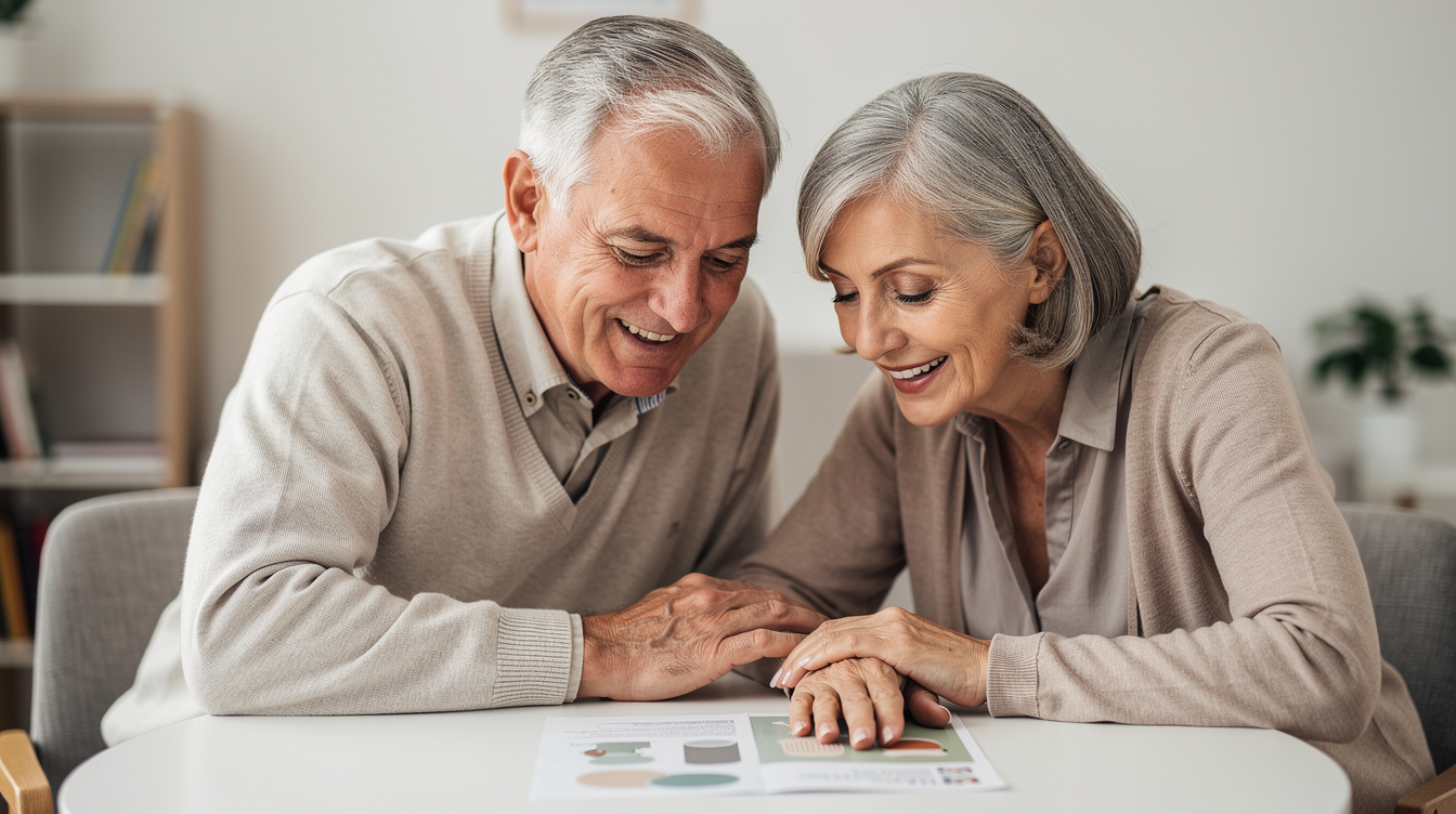 Senior man and woman reviewing a brochure together and smiling