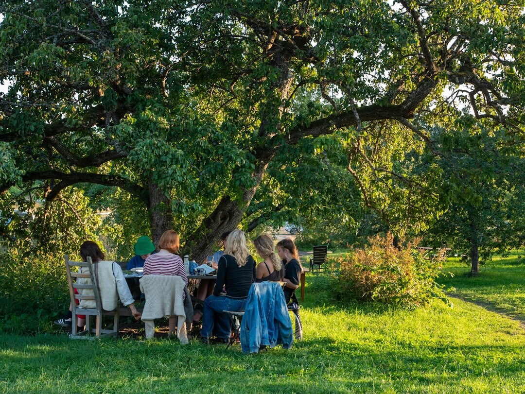 Seniors sitting together at an outdoor table enjoying a social gathering